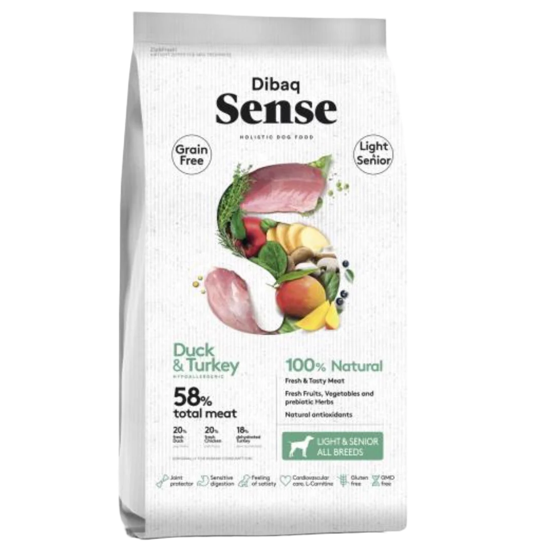 Pienso holístico Dibaq Sense Grain free de pato y pavo para perros senior o light sin cereales