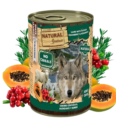 Natural Greatness - Lata Cordero con Papaya, Arándanos y Romero