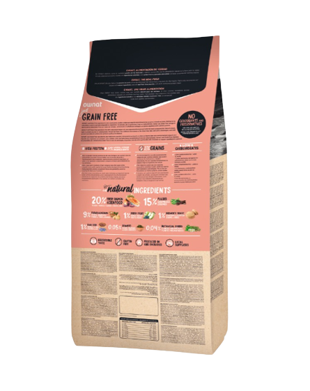 Ownat Grain free salmón contiene un aporte extra de omega 3 para mejorar su sistema inmune y mantener una piel sana y un pelo más brillante y sedoso. Sin cereales