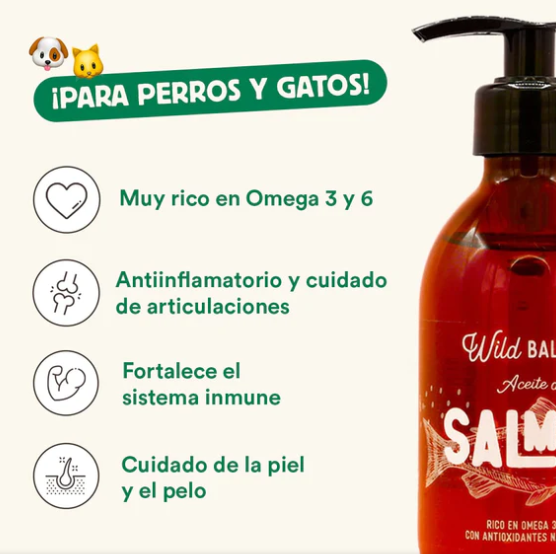 El aceite de salmón de Wild Balance es un suplemento natural de Omega 3 para perros y gatos que mantiene la piel y el pelo sanos, reduce picores e irritación por alergias al ser antiinflamatorio, refuerza el sistema inmune y el corazón. Shop Animal Spirit - Tienda de alimentación animal en Toledo. Envíos a domicilio.