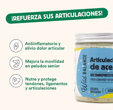ARTICULACIONES DE ACERO de Wild Balance es un condoprotector natural que alivia el dolor articular, nutre y protege tendones, articulaciones y ligamentos mejorando la movilidad y tiene poder antiinflamatorio. Recomendado en perros seniors, con mucha actividad o problemas articulares. Shop Animal Spirit