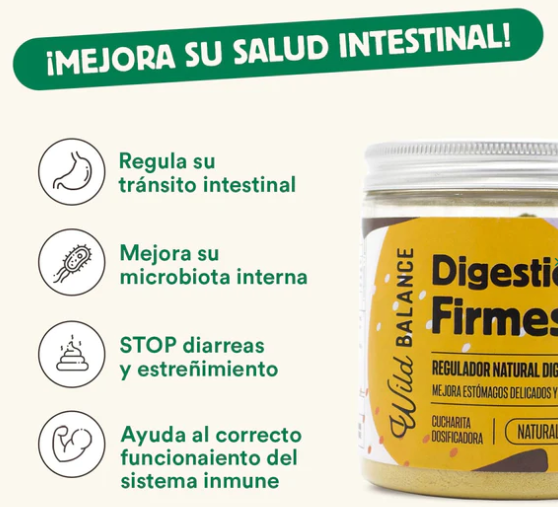 Digestiones firmes de Wild Balance es un regulador natural para ayudar con las digestiones de tu peludo: diarreas, estreñimiento, cambios de dieta.. Apto para perros y gatos. Descubre más en Shop Animal Spirit.