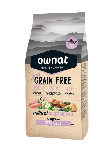 Ownat grain free strerilized es un pienso para gatos sin cereales con tendencia al sobrepeso, baja actividad o seniors. Disponible en Shop Animal Spirit