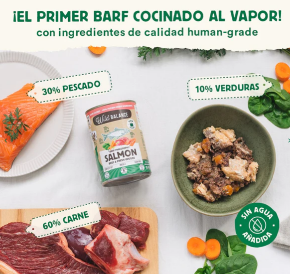 Las latas de salmón y ternera cocinada de Wild Balance son un alimento natural y completo, con ingredientes de origen para consumo humano, sin cereales. Descubre más en Shop Animal Spirit