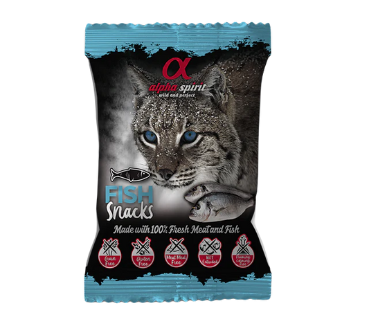 Snacks naturales Alpha Spirit de pescado para gatos en Shop Animal Spirit, premio saludable y delicioso sin cereales, ideal para gatos activos y sensibles, con ingredientes 100% naturales y ricos en proteínas. En Shop Animal Spirit, tienda de mascotas en La puebla de Montalbán (Toledo). Envíos a Península y Baleares