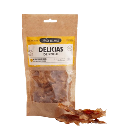 Las delicias de pollo son las chuches perfectas para tu perro o gato. Son trozos de pollo deshidratado, siendo un snack natural muy bajo en grasas, perfecto para alergias. Descubre más productos de Wild Balance en nuestra tienda Shop Animal Spirit, en La Puebla de Montalban (Toledo). Hacemos envíos a domicilio.