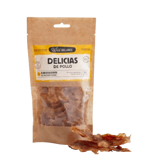 Las delicias de pollo son las chuches perfectas para tu perro o gato. Son trozos de pollo deshidratado, siendo un snack natural muy bajo en grasas, perfecto para alergias. Descubre más productos de Wild Balance en nuestra tienda Shop Animal Spirit, en La Puebla de Montalban (Toledo). Hacemos envíos a domicilio.