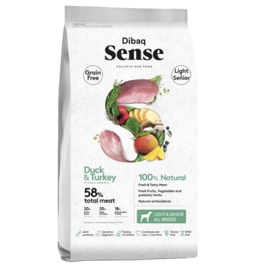 Pienso holístico Dibaq Sense Grain free de pato y pavo para perros senior o light sin cereales
