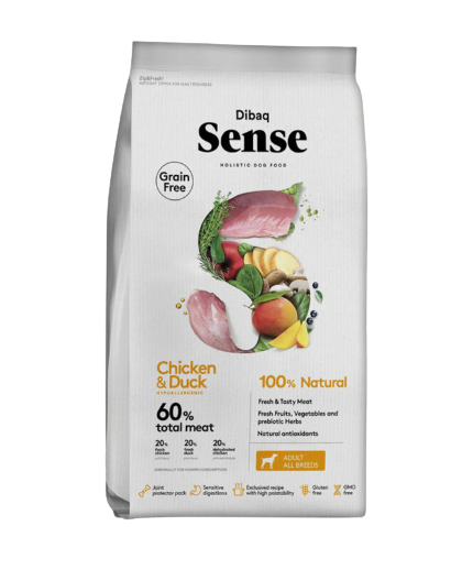 Dibaq Sense Grain free de pollo y pato es un alimento completo para perros de todas las razas sin cereales. Apto para perros con digestiones sensibles. La carne utilizada es procedente de consumo humano. Descubre más en Shop Animal Spirit