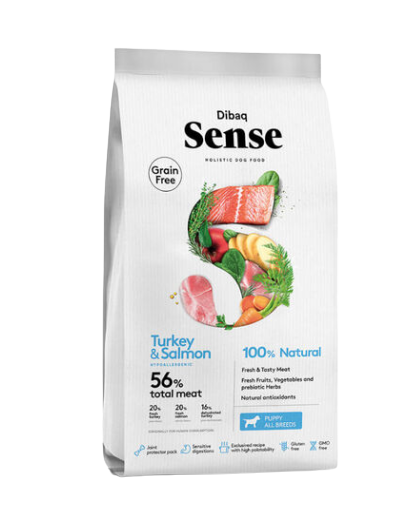 Dibaq Sense grain free para cachorros está elaborado con carne de salmón y pavo y sin cereales, para perros con digestiones sensibles. Contiene Omega 3 para la salud de la piel y el pelo, mejora el sistema inmune y cuida la salud articular gracias a sus condoprotectores.más en Shop Animal Spirit