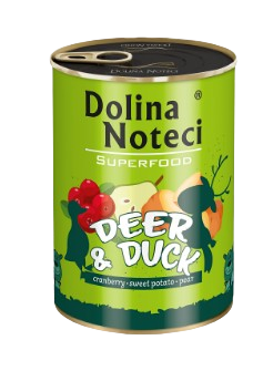 Las latas de Dolina Noteci Superfood está elaborada con ingredientes naturales de alta calidad con un 80% de carne y sin cereales, además de contener superalimentos para darle la mejor alimentación a tu perro.  Tienda de alimentación animal Shop Animal Spirit en La Puebla de Montalban (Toledo). Envíos a domicilio.