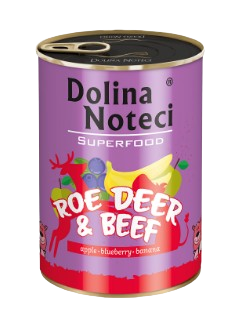 Las latas de Dolina Noteci Superfood está elaborada con ingredientes naturales de alta calidad con un 80% de carne y sin cereales, además de contener superalimentos para darle la mejor alimentación a tu perro.  Tienda de alimentación animal Shop Animal Spirit en La Puebla de Montalban (Toledo). Envíos a domicilio.