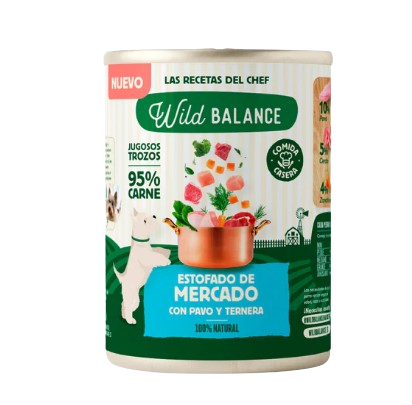 Estofado de Mercado con pavo y ternera Latas completas de Wild Balance con un 95% de carne y sin cereales. ¡Ofrece la mejor alimentación a tu perro! Tienda de alimentación animal especializada en La Puebla de Montalbán (Toledo) con envíos a domicilio. Shop Animal Spirit. Tu tienda de mascotas.