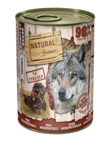 Las latas monoproteicas de pavo de Natural Greatness vienen en formato mouse que a tu perro le encantará. Son de fácil digestión y favorece su masa muscular. Sin cereales. Descubre más en Shop Animal Spirit.