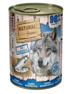 Las latas de Natural Greatness de salmón para perros son monoproteicas, ideales para perros con alergias y de fácil digestión. Contienen Omega 3 y 6 que ayuda a mantener una buena salud de la piel y el pelo. Sin cereales. Descubre más en Shop Animal Spirit.