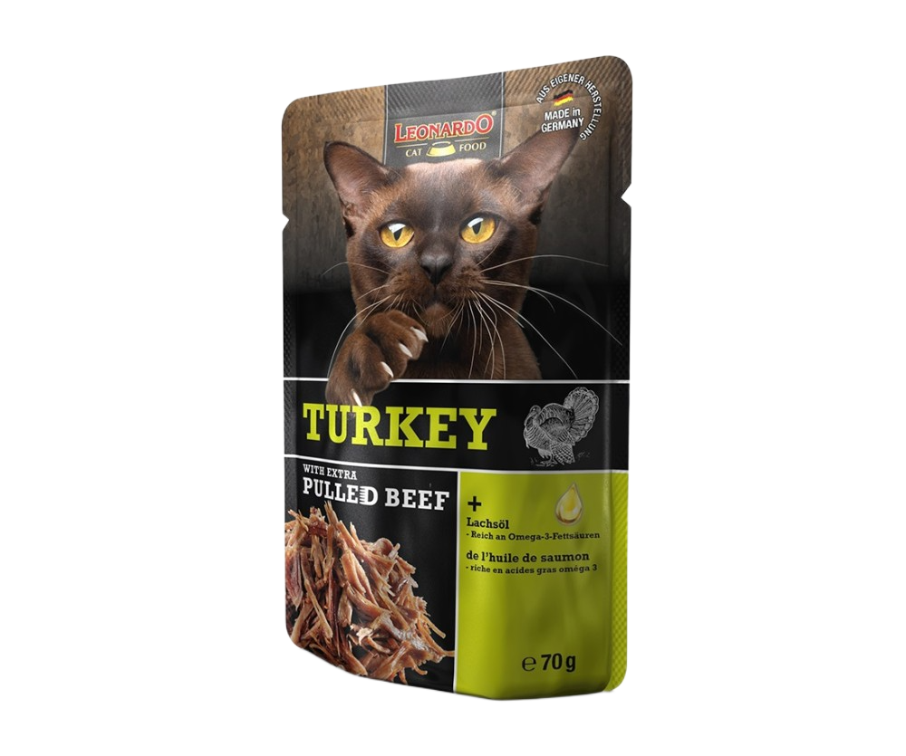 Leonardo Turkey Pavo y Extra Pulled Ternera para gatos