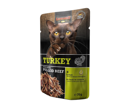 Leonardo Turkey Pavo y Extra Pulled Ternera para gatos