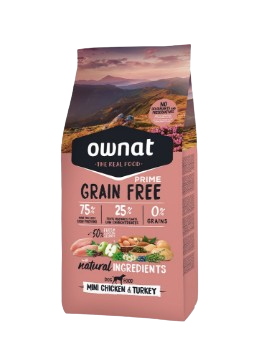 Ownat grain free prime mini chicken & turkey es un alimento superpremium especial para razas minis y pequeñas gracias al tamaño reducido de su etiqueta. Con mas de un 67% de carne, y sin cereales. Descubre más en Shop Animal SPirit