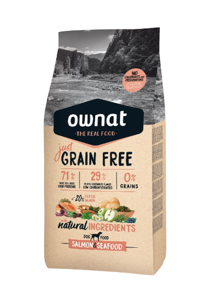 Ownat Grain free salmón contiene un aporte extra de omega 3 para mejorar su sistema inmune y mantener una piel sana y un pelo más brillante y sedoso. Sin cereales