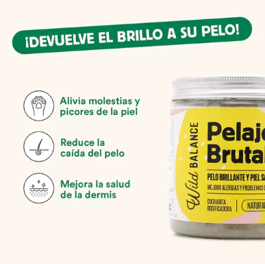 PELAJE BRUTAL es un suplemento de Wild balance que ayuda a mejorar la salud de la piel y el pelo de perros y gatos. Descubre más en Shop Animal Spirit.