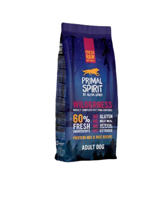 Primal Spirit Wilderness es un pienso semihúmedo con un 60%de carne fresca. Sin gluten. Contiene arroz. Descubre más en Shop Animal Spirit