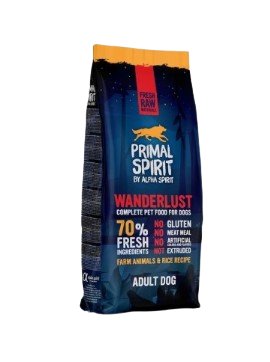 Primal Spirit Wanderlust 70% es un pienso semihúmedo no extrusionado con un 70% de carne fresca y arroz como único cereal. Descubre más productos de calidad para tu perro o gato en nuestra tienda de alimentación animal Shop Animal Spirit, en La Puebla de Montalbán (Toledo). Envíos a domicilio.