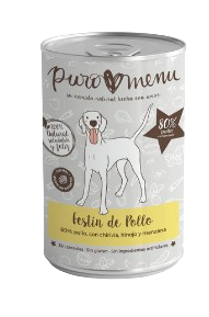 Las latas de Puromenu festín de pollo son un menú completo de alimentación natural cocinada para perros. Son monoproteicas y sin cereales, ideal para alergias e intolerancias. Contienen el alga Ascophyllum nosodum, que previene y elimina el sarro. Descubre nuestras ofertas en Shop Animal Spirit