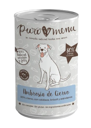 Puromenu nos ofrece menús completos cocinados de ciervo para perros, de una manera muy cómoda como son las latas. Monoproteico y sin cereales, ideal para alergias. Contienen ascophyllum nodosum, que previene y elimina el sarro. Descubre nuestras ofertas en Shop Animal Spirit, tienda de alimentación animal.