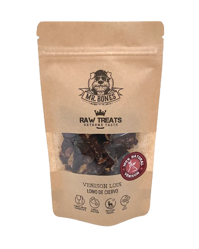 Los Raw Treats de Lomo de ciervo de Mr Bones son un snack 100% natural ideal para perros y gatos, bajos en grasas. Elaborado con carne de ciervo apta para consumo humano. Sin cereales, aditivos ni conservantes. Descubre más en Shop Animal Spirit