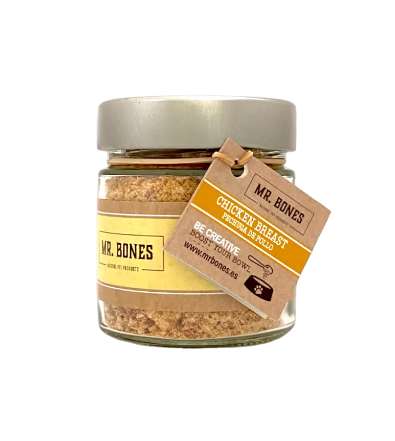 Los toppers de Mr Bones "Pechuga de pollo" son un suplemento para perros y gatos para hacer sus comidas más apetecibles o como un extra de proteínas. 100% Pechuga de pollo, sin cereales, aditivos ni conservantes. Bajo en grasas, ideal para peludos con tendencia al sobrepeso. Más en Shop Animal Spirit.