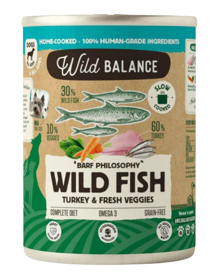 Las latas de Pescado y pavo de Wild Balance son un menú completo con 90% de carne cocinado al vapor. Ayuda al sistema inmune y a la salud del pelo y la piel, además de fortalecer el corazón. Sin cereales. Ingredientes originariamente para consumo humano. Más en Shop Animal Spirit, tu tienda de alimentación animal.