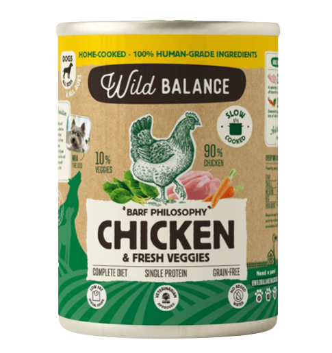 Las latas de Wild Balance de pollo son un menú completo cocinado para perros, ideal para complementar su dieta BARF, usarlo como base de su menú o como capricho. Sin cereales. Hipoalergénica. Más en Shop Animal Spirit