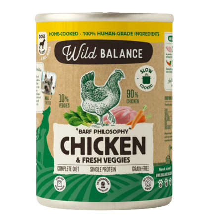 Las latas de Wild Balance de pollo son un menú completo cocinado para perros, ideal para complementar su dieta BARF, usarlo como base de su menú o como capricho. Sin cereales. Hipoalergénica. Más en Shop Animal Spirit