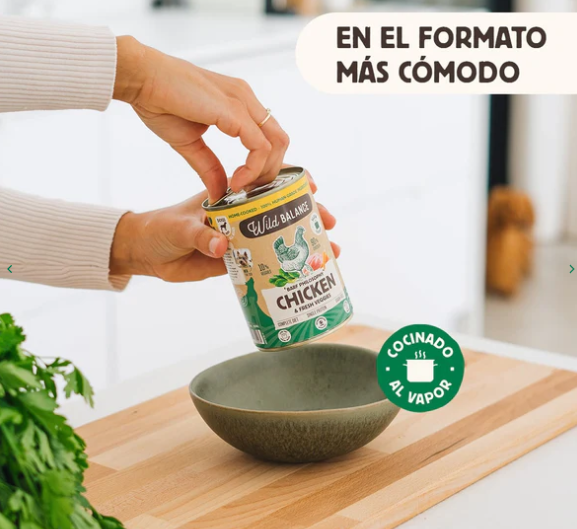 Las latas de Wild Balance de pollo son un menú completo cocinado para perros, ideal para complementar su dieta BARF, usarlo como base de su menú o como capricho. Sin cereales. Hipoalergénica. Más en Shop Animal Spirit