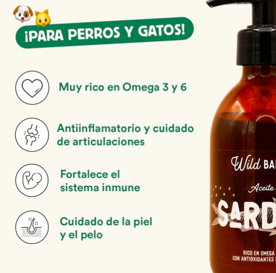 El aceite de sardina de Wild Balance es un suplemento natural de Omega 3 para perros y gatos que mantiene la piel y el pelo sanos, reduce picores e irritación por alergias al ser antiinflamatorio, refuerza el sistema inmune y el corazón. Shop Animal Spirit - Tienda de alimentación animal en Toledo. Envíos a domicilio.