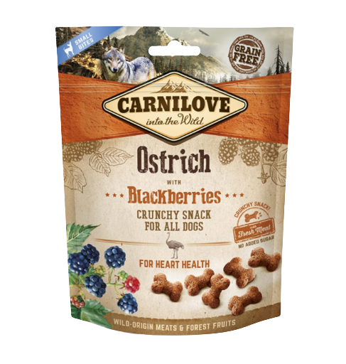 Carnilove crunchy de avestruz y mora es un snack ideal para nuestro perro, con una carne exótica que ayuda a esos peludos que tienen alergias o intolerancias alimentarias. Sin cereales