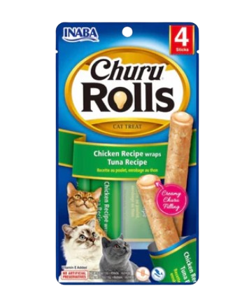 Los churu rolls de atún con vieiras son un snack húmedo perfecto para tu gato que le volverá loco. Son barritas blandas con un interior relleno de crema. Descubre más en Shop Animal Spirit