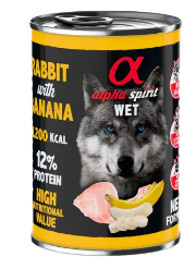 Las latas de Alpha Spirit para perros contienen un 93% de carne, sin cereales, aditivos ni conservantes. En Shop Animal Spirit encontrarás esta variedad de conejo, pollo y plátano, bajo en grasas.