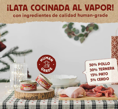 Las comida cocinada de Wild Balance especial menú de Navidad para gatos, cocinadas al vapor a fuego lento con trozos de ternera, pollo, cerdo y pato. 100% carne. Descubre más productos en Shop Animal Spirit