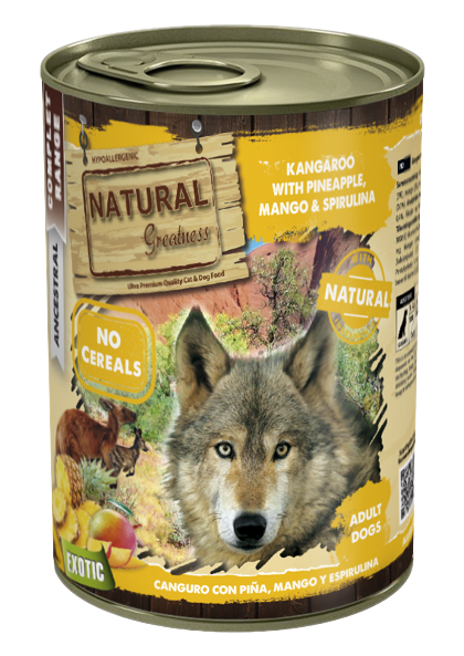 Las latas de Natural Greatness de canguro, piña, mango y espirulina aportan muchos nutrientes de calidad. Ideal para perros con alergias e intolerancias alimentarias gracias a su proteína exótica, y para perros con tendencia al sobrepeso al ser bajo en grasas. Descubre más en Shop Animal Spirit