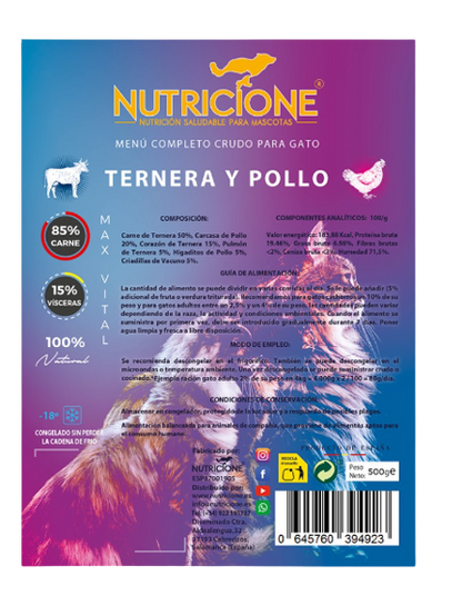 Nutricione menú completo BARF de ternera y pollo es el mejor alimento para tu gato. Descubre más alimentación natural en Shop Animal Spirit