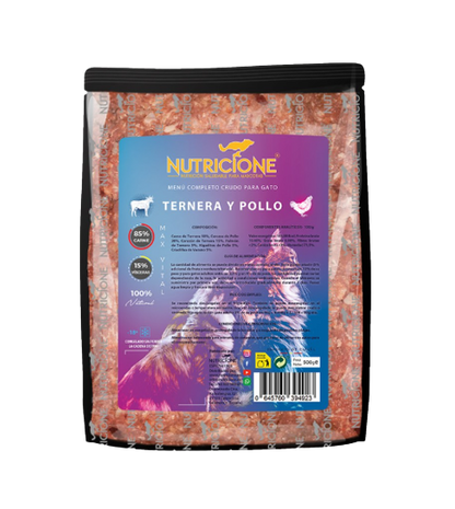 Nutricione menú completo BARF de ternera y pollo es el mejor alimento para tu gato. Descubre más alimentación natural en Shop Animal Spirit