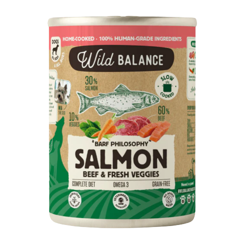 Las latas de salmón y ternera cocinada de Wild Balance son un alimento natural y completo, con ingredientes de origen para consumo humano, sin cereales. Descubre más en Shop Animal Spirit