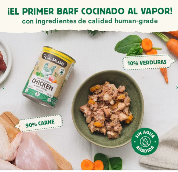 Las latas de Wild Balance de pollo son un menú completo cocinado para perros, ideal para complementar su dieta BARF, usarlo como base de su menú o como capricho. Sin cereales. Hipoalergénica. Más en Shop Animal Spirit