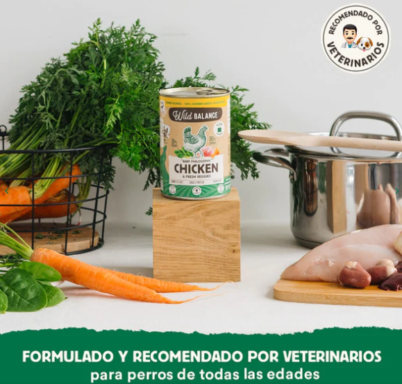 Las latas de Wild Balance de pollo son un menú completo cocinado para perros, ideal para complementar su dieta BARF, usarlo como base de su menú o como capricho. Sin cereales. Hipoalergénica. Más en Shop Animal Spirit